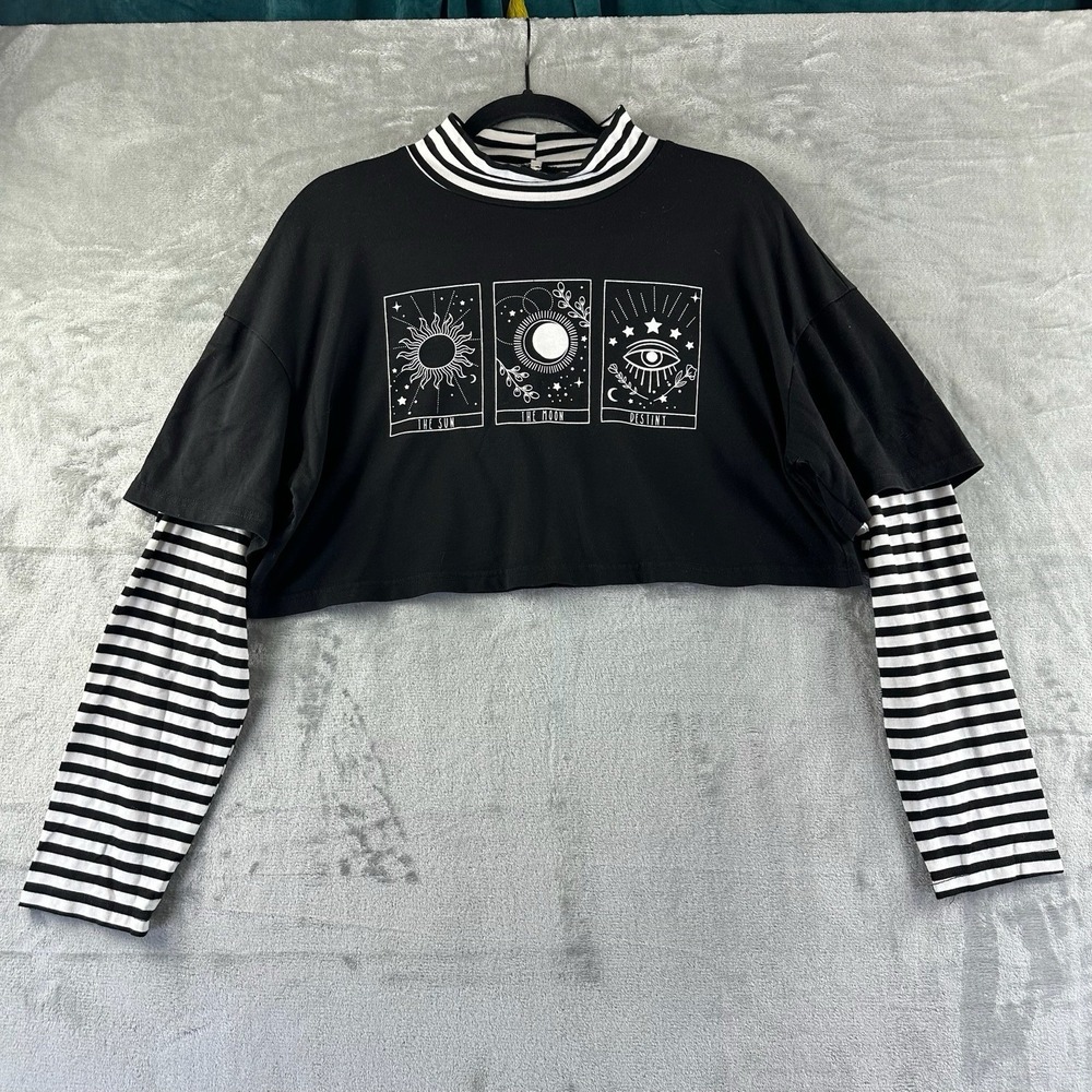 SweatyRocks Crop Top Women's S Black & White Striped Long Sleeve Sun Moon